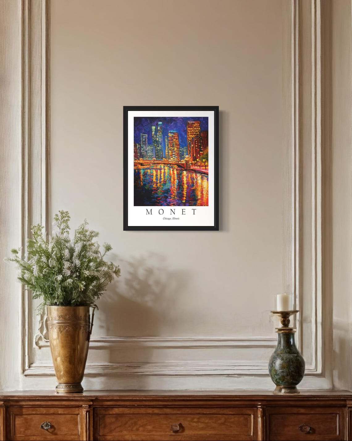Chicago Illinois Night Skyline River Reflections Monet Art Poster - Image 2