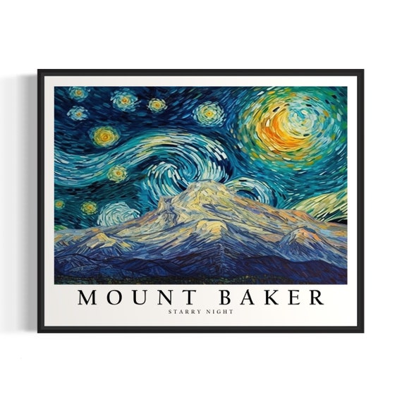 Mount Baker Starry Night Art Print Van Gogh Style Poster Wall Art Original Painting Decor