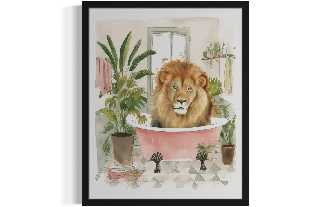Majestic Lion Soaking in a Pink Bathtub Funny Bathroom Decor Print