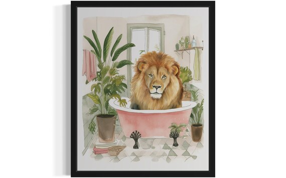 Majestic Lion Soaking in a Pink Bathtub Funny Bathroom Decor Print