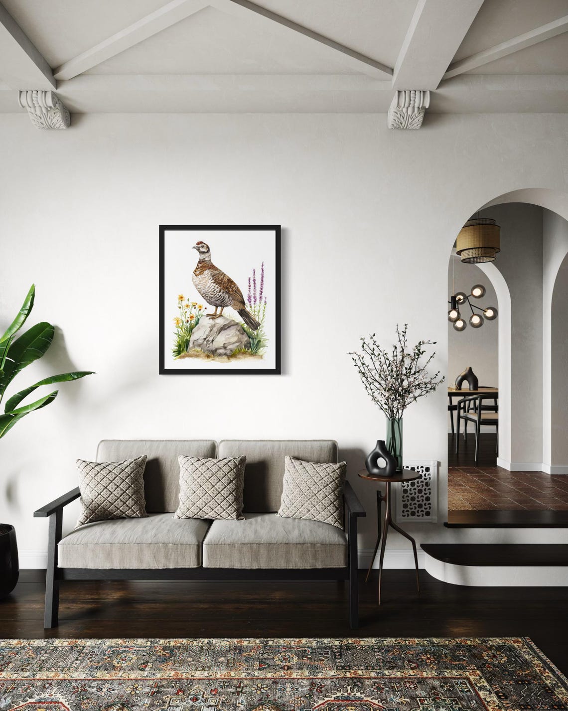 Grouse Standing on a Rock Amid Wildflowers Watercolor Bird Poster - Image 4