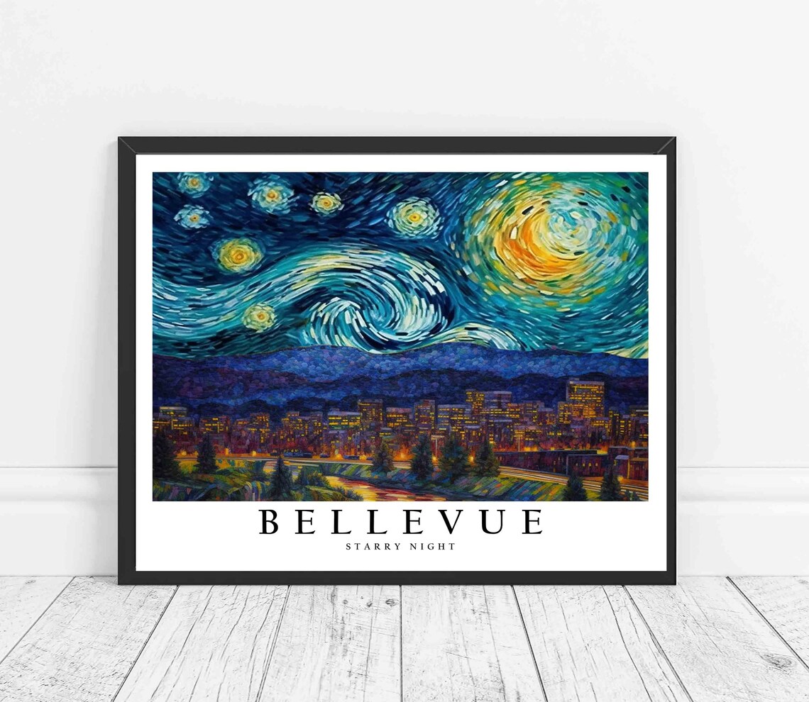 Bellevue Washington Starry Night City Lights Skyline Art Poster