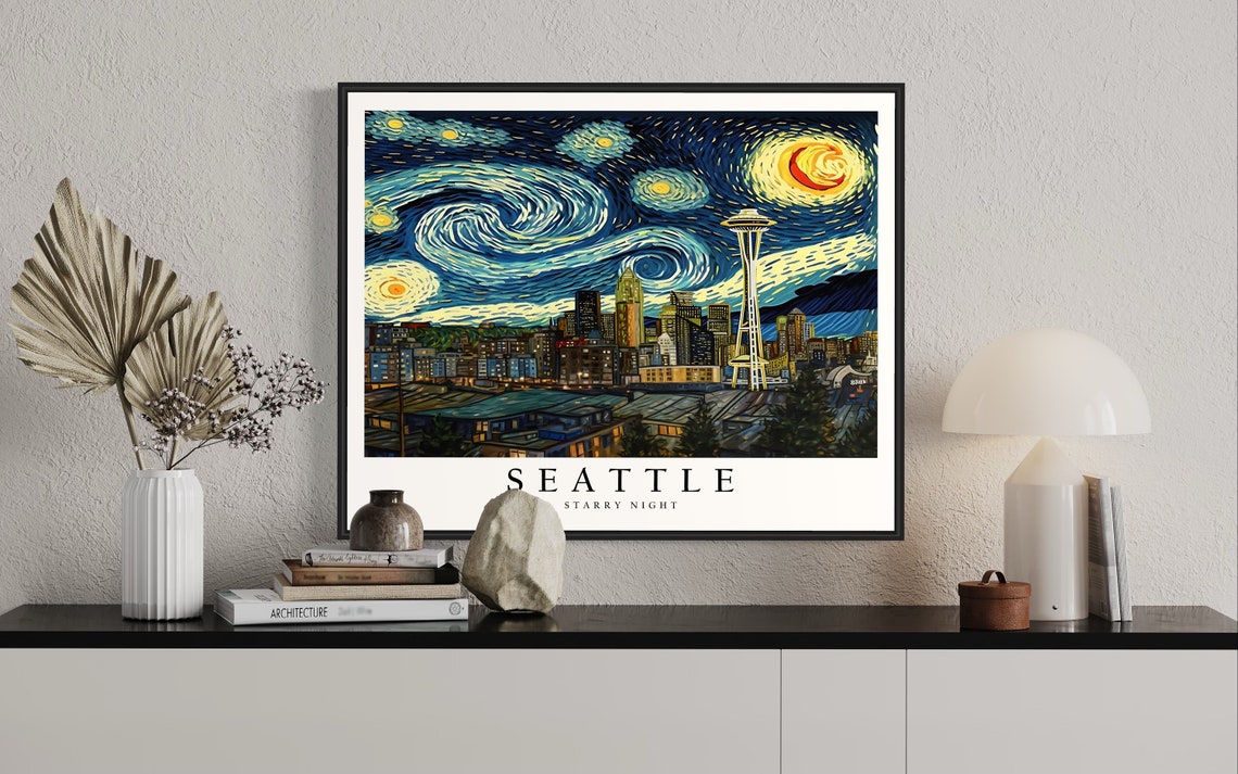 Seattle Space Needle Skyline Van Gogh Starry Night City Poster - Image 2