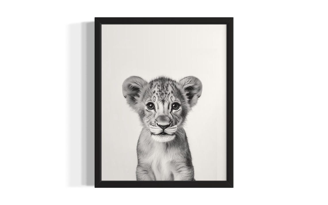Baby Lion Cub Portrait Neutral Minimalist Nursery Animal Poster
