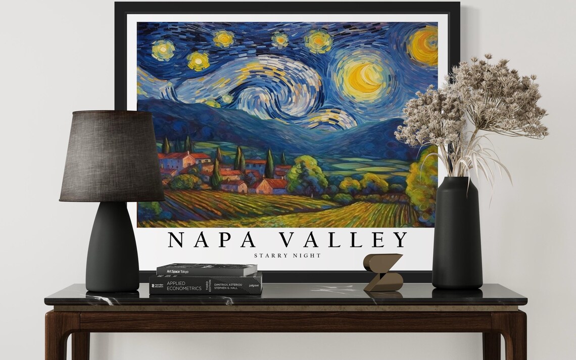 Napa Valley California Starry Night Vineyard Hills Art Poster - Image 3
