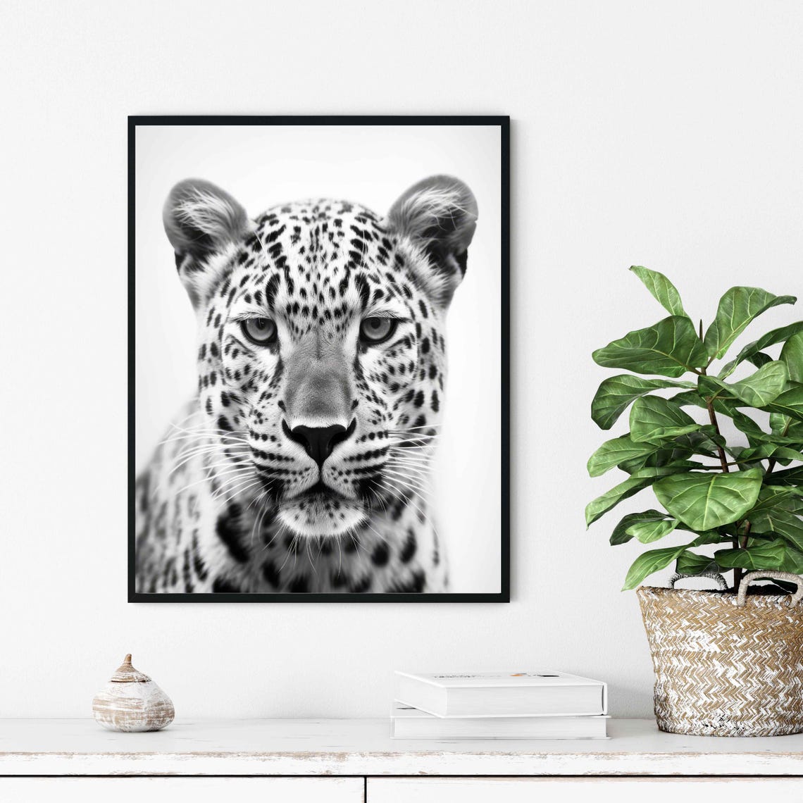 Intense Leopard Face Front View in Black and White Portrait Poster - Image 3