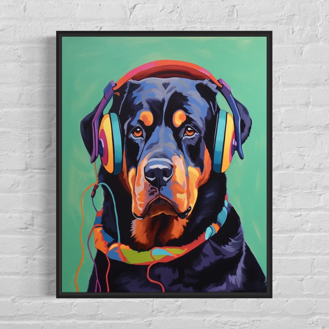 Rottweiler Dog Wearing Headphones Colorful Pop Art Portrait Poster