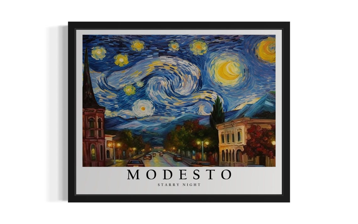 Modesto California Starry Night Downtown Street Scene Art Poster