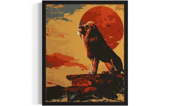 Lion on a Rock Under a Red Sun Vintage Safari Wildlife Poster
