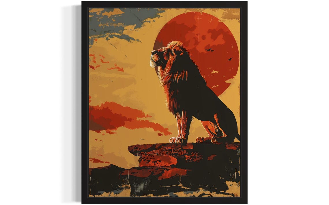 Lion on a Rock Under a Red Sun Vintage Safari Wildlife Poster