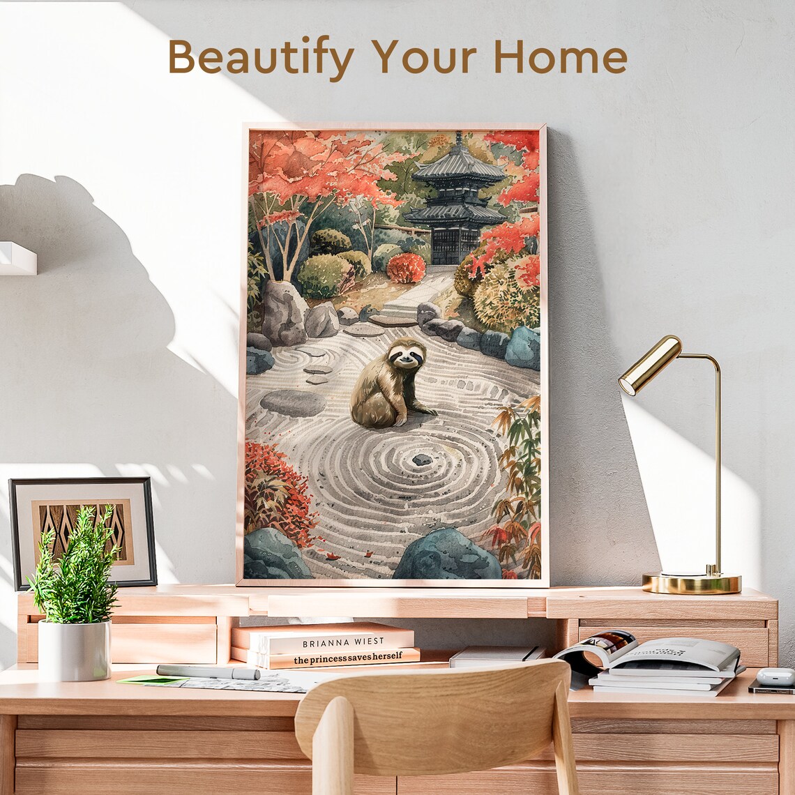 Peaceful Sloth Sitting in a Japanese Zen Rock Garden Painting Poster - Image 3