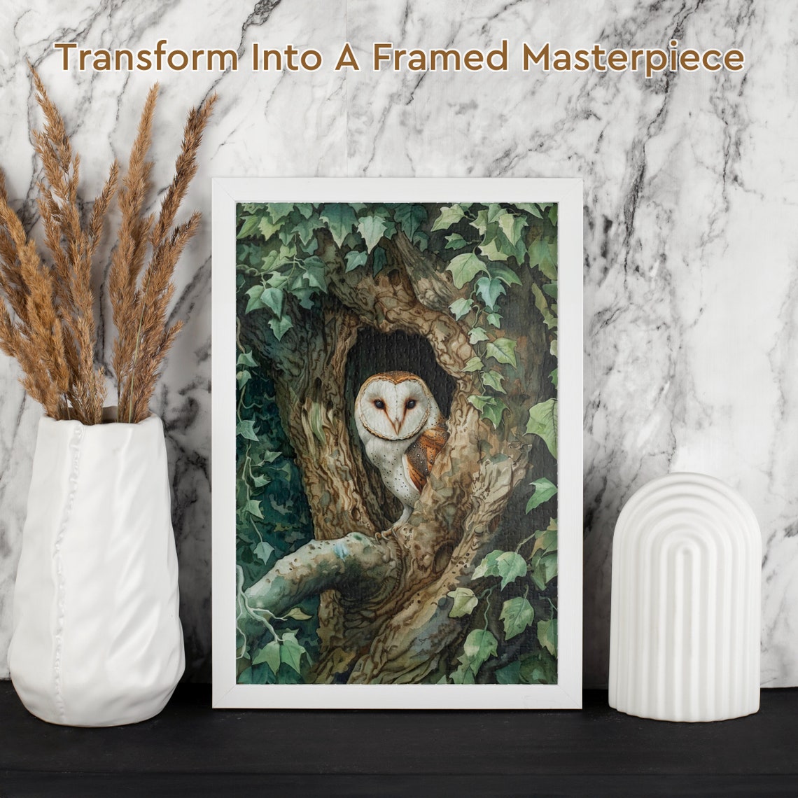 Barn Owl Resting in an Ivy Covered Tree Hollow Watercolor Poster - Image 2