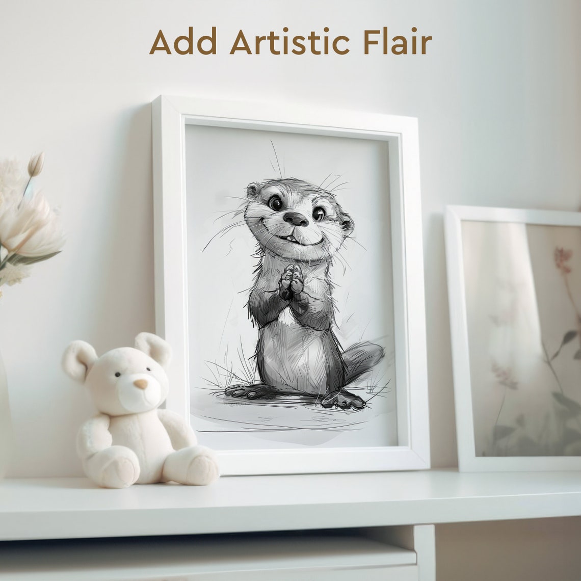 Cute Baby Otter Black and White Pencil Sketch Drawing Poster - Image 2