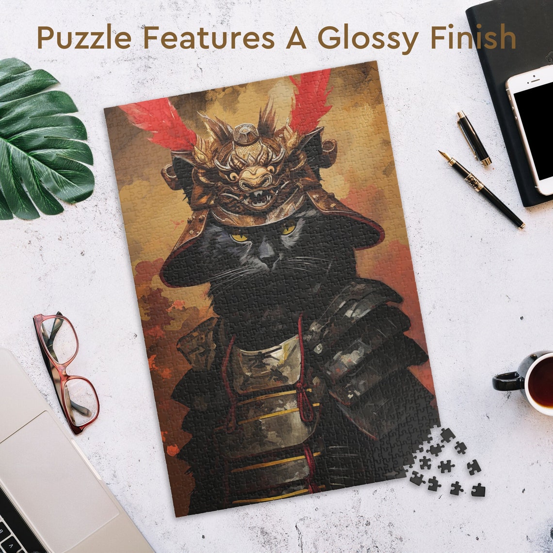 Black Cat Dressed in Ornate Samurai Warrior Armor Portrait Poster - Image 3