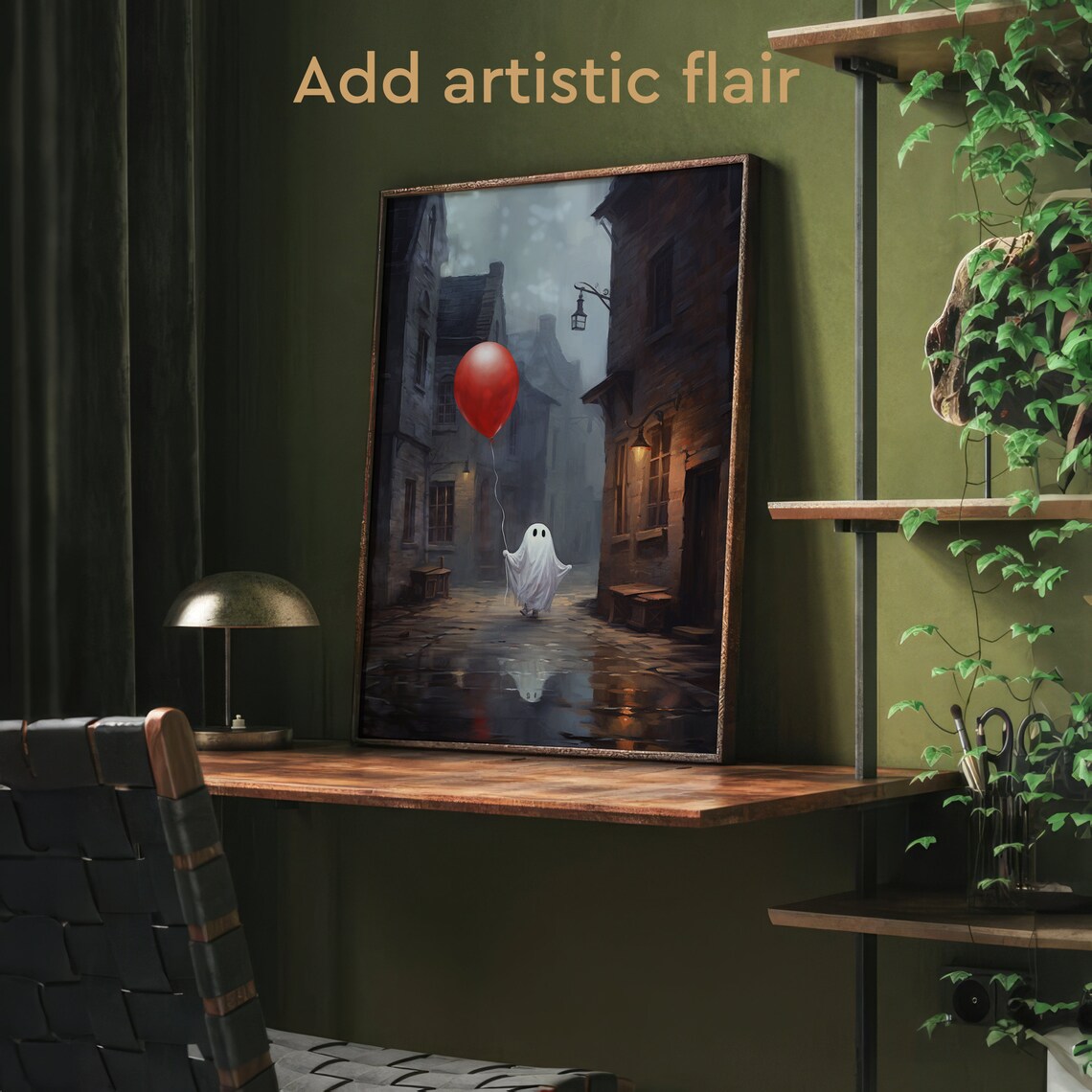 Tiny Ghost Holding a Red Balloon in a Foggy Old Town Alley Poster - Image 2
