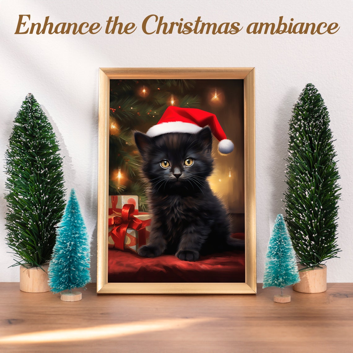Black Kitten Wearing Santa Hat Christmas Tree Lights Holiday Poster - Image 3