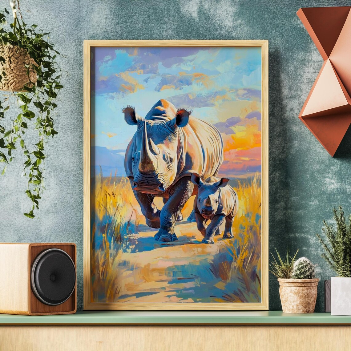 Rhino Mother and Baby Walking Savanna Sunset Wildlife Poster