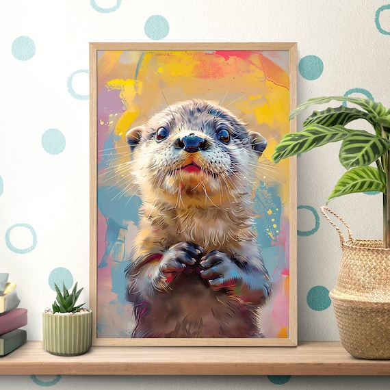 Otter Portrait Against a Colorful Abstract Background Poster
