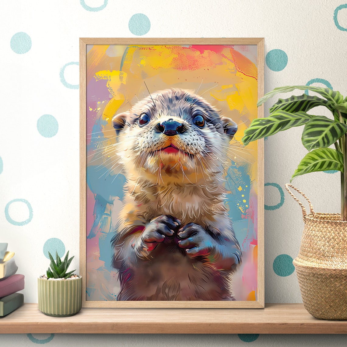 Otter Portrait Against a Colorful Abstract Background Poster