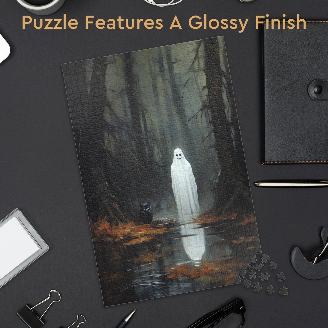 Smiling Ghost and Black Cat in a Misty Autumn Forest Stream Poster - Image 3