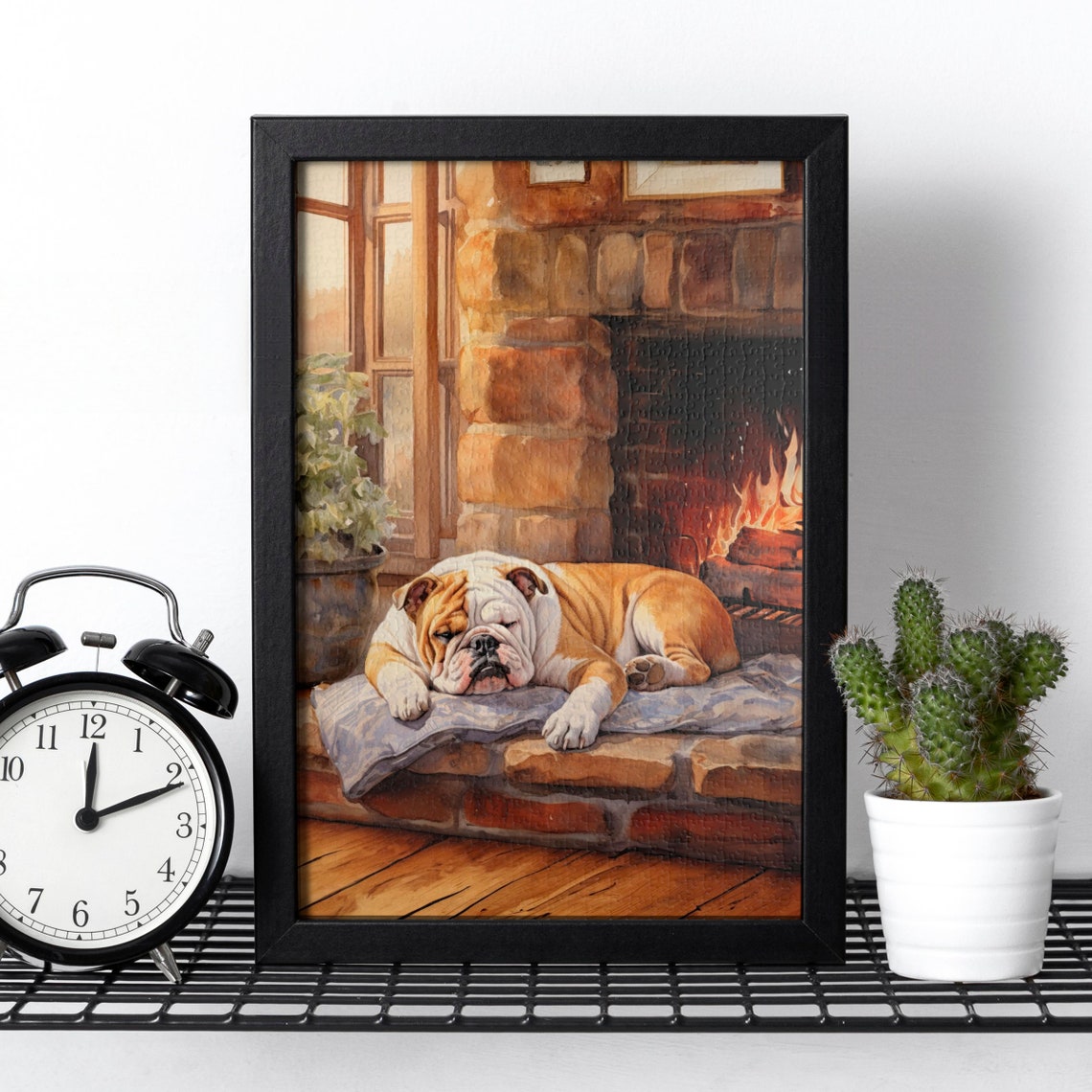 Sleepy English Bulldog Resting by a Warm Brick Fireplace Poster