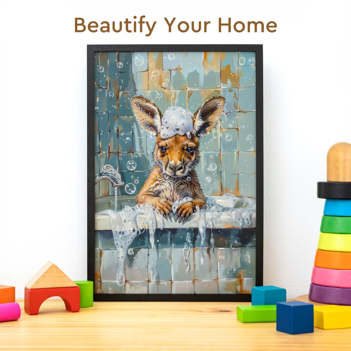 Baby Kangaroo Bubble Bath in Blue Tiled Bathroom Cute Art Poster - Image 3