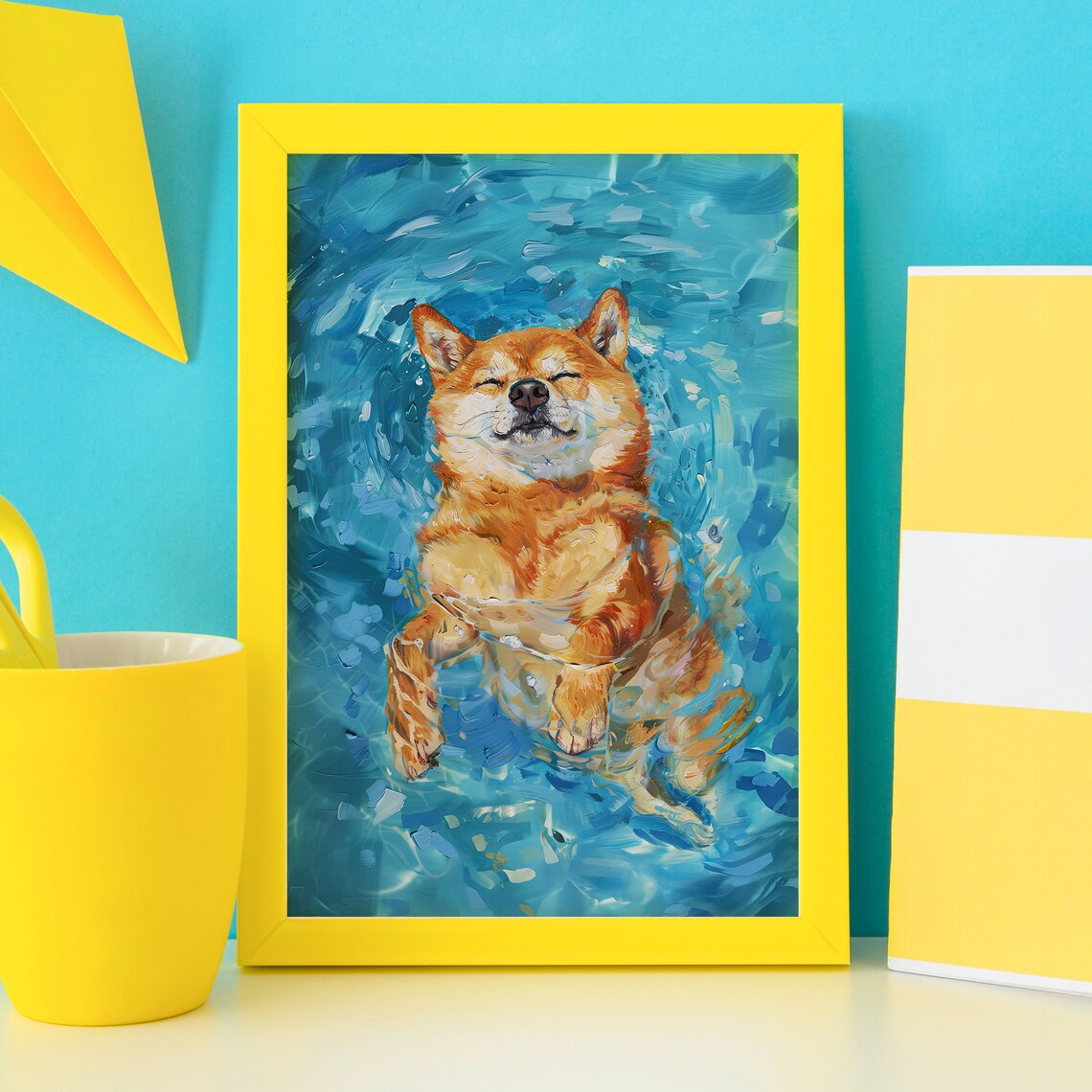 Funny Shiba Inu Swimming in a Pool Vintage Oil Painting Dog Poster