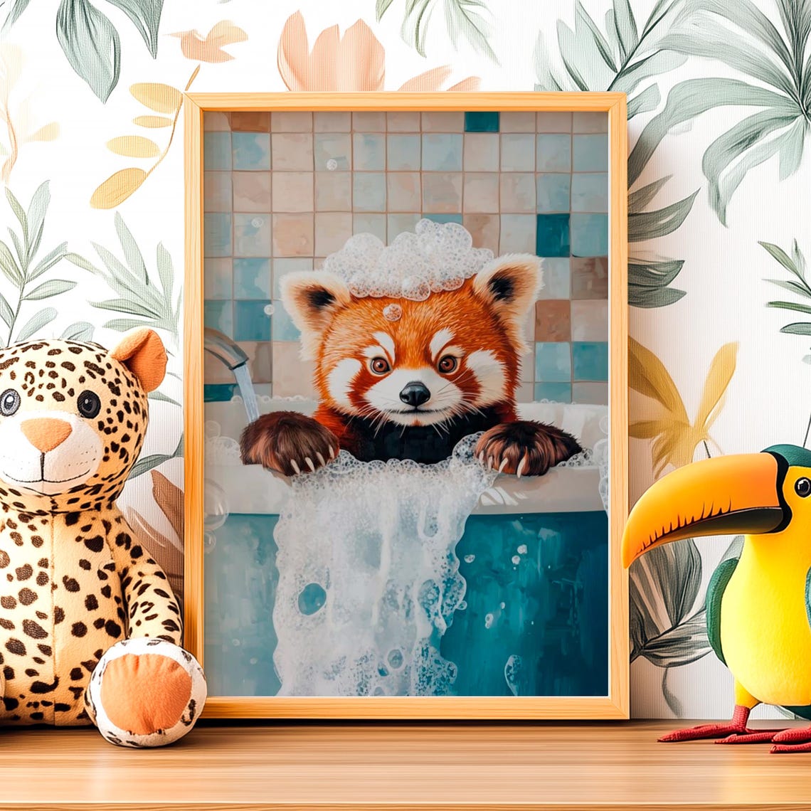 Cute Red Panda Cub Enjoying a Warm Bubble Bath Bathroom Poster
