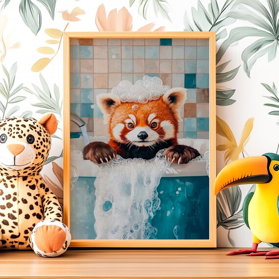 Cute Red Panda Cub Enjoying a Warm Bubble Bath Bathroom Poster