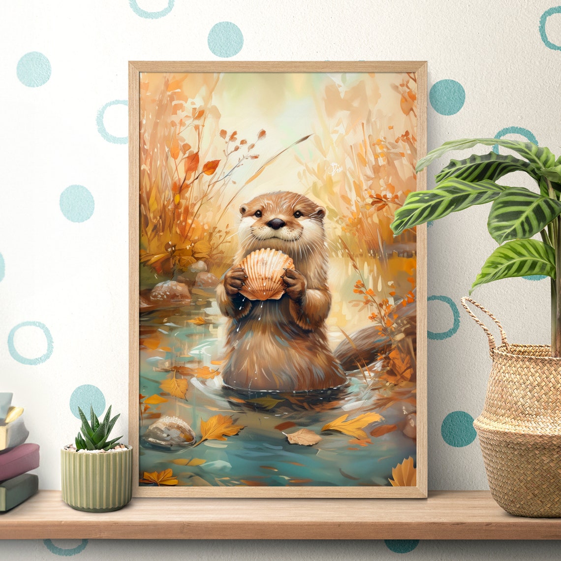 Playful Otter Holding a Scallop Shell in an Autumn Stream Poster