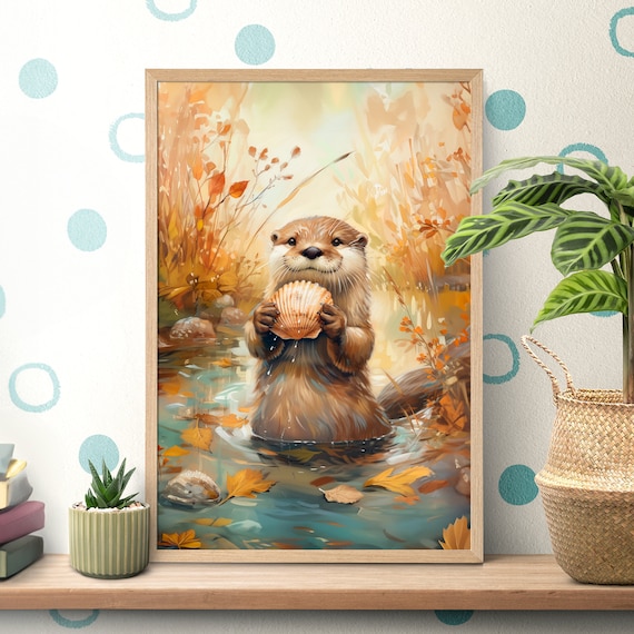 Playful Otter Holding a Scallop Shell in an Autumn Stream Poster
