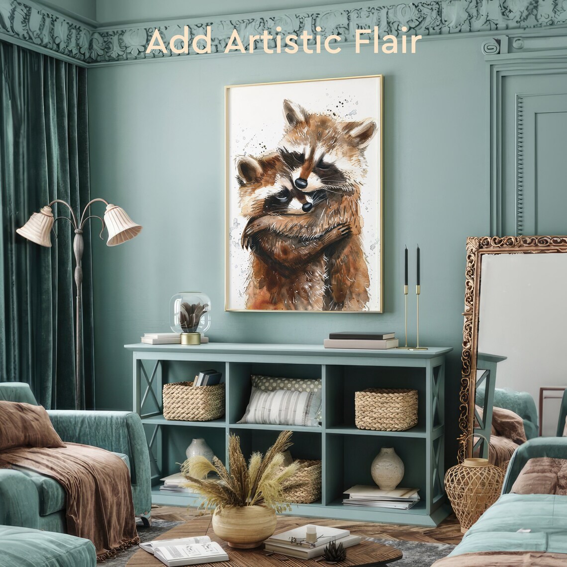 Two Raccoons Hugging in a Sweet Watercolor Wildlife Portrait Poster - Image 2