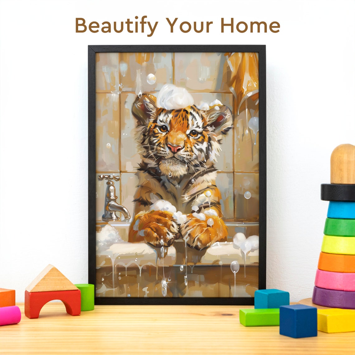 Tiger Cub Taking a Bubble Bath with Soap Suds Painting Poster - Image 3