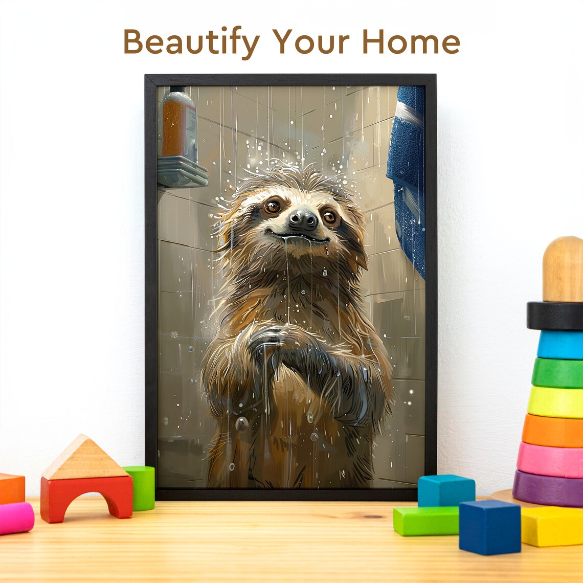 Wet Sloth Taking a Shower Funny Bathroom Animal Portrait Poster - Image 3