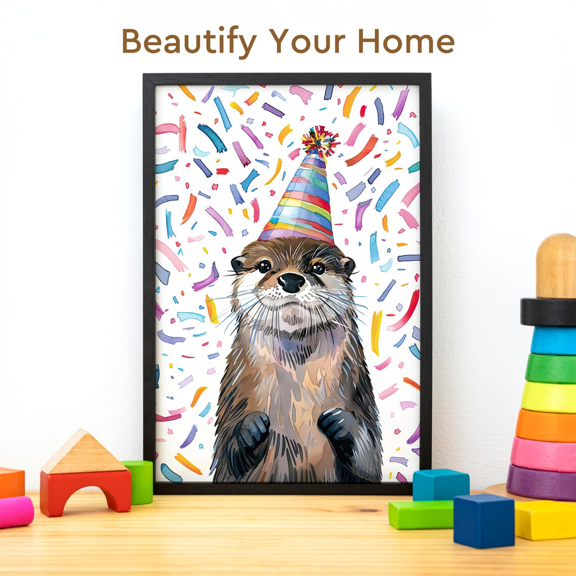 Birthday Party Hat Otter, Funny Wildlife Art Print - Image 3