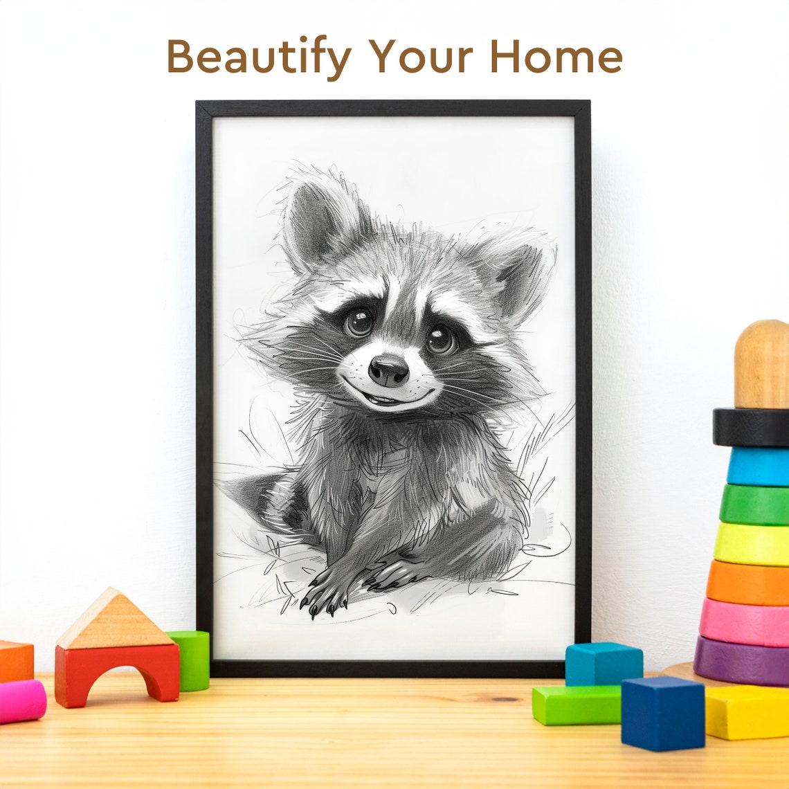 Smiling Raccoon Black and White Pencil Sketch Drawing Poster - Image 3