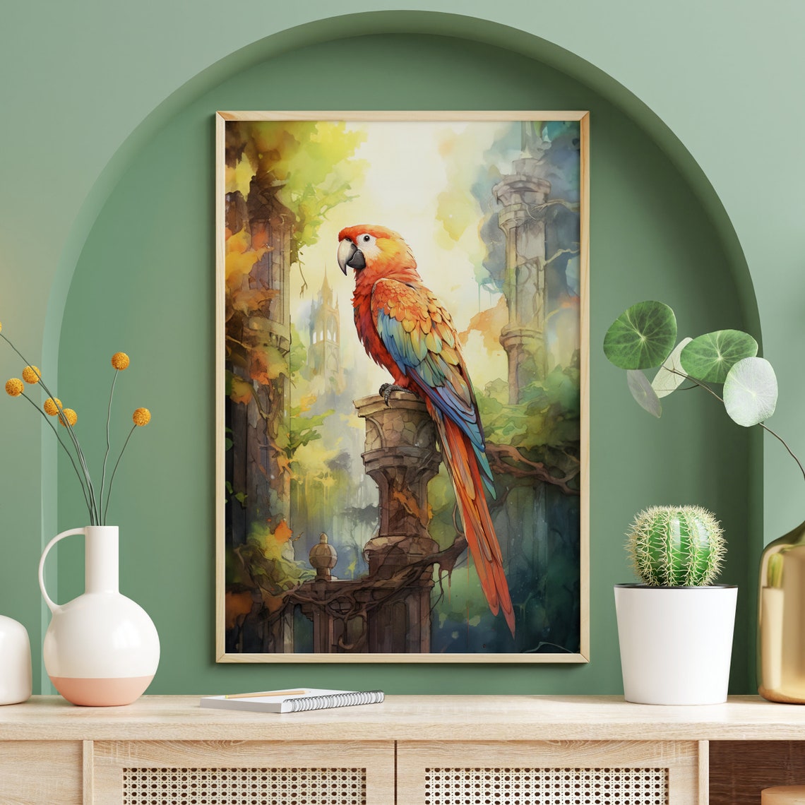 Scarlet Macaw Parrot Ancient Ruins Mystical Forest Watercolor Poster