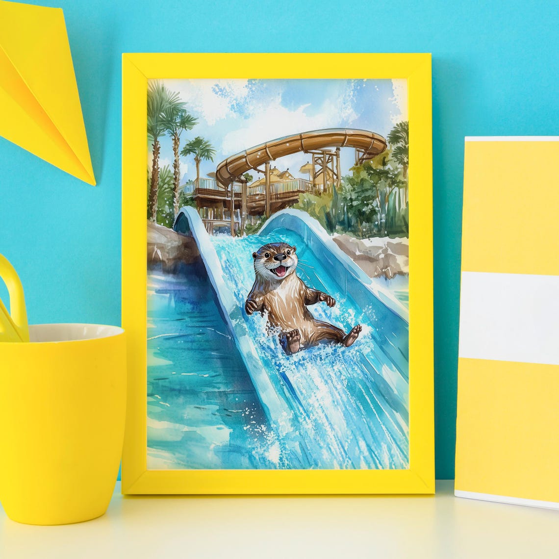 Joyful Otter Sliding Down a Water Slide into Splashing Water Poster