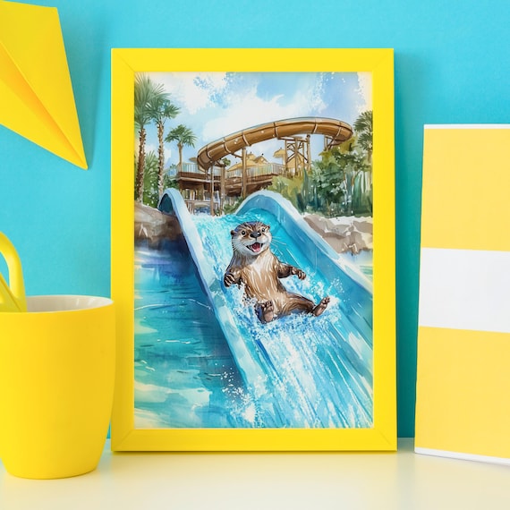 Joyful Otter Sliding Down a Water Slide into Splashing Water Poster