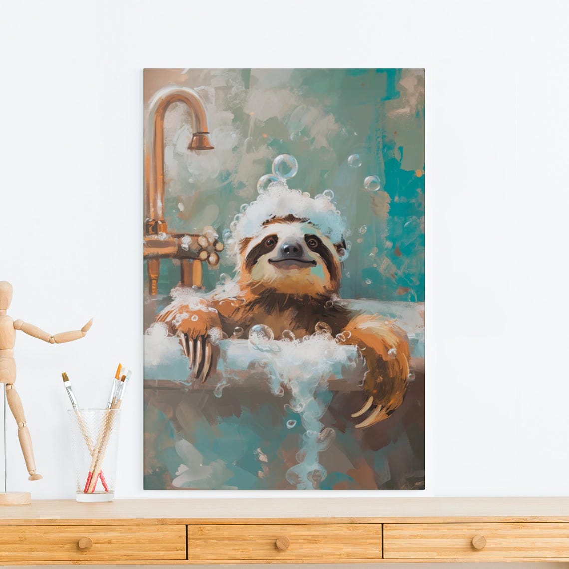 Smiling Sloth Relaxing in a Bubble Bath Covered in Frothy Suds Poster