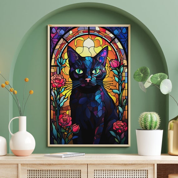Stained Glass Black Cat Art Print, Dark Academia