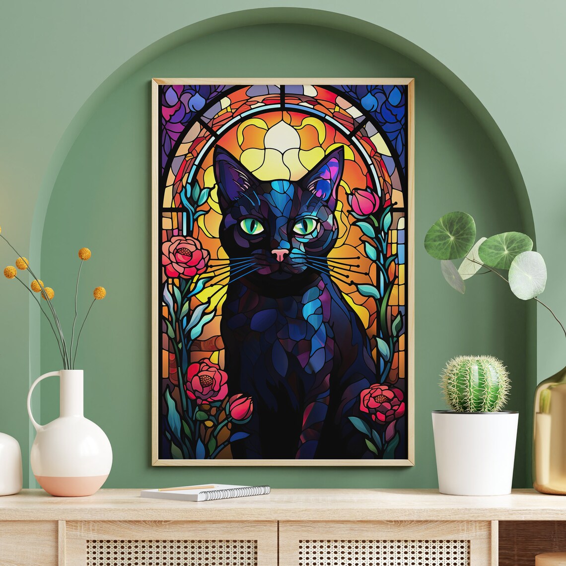 Stained Glass Black Cat Art Print, Dark Academia