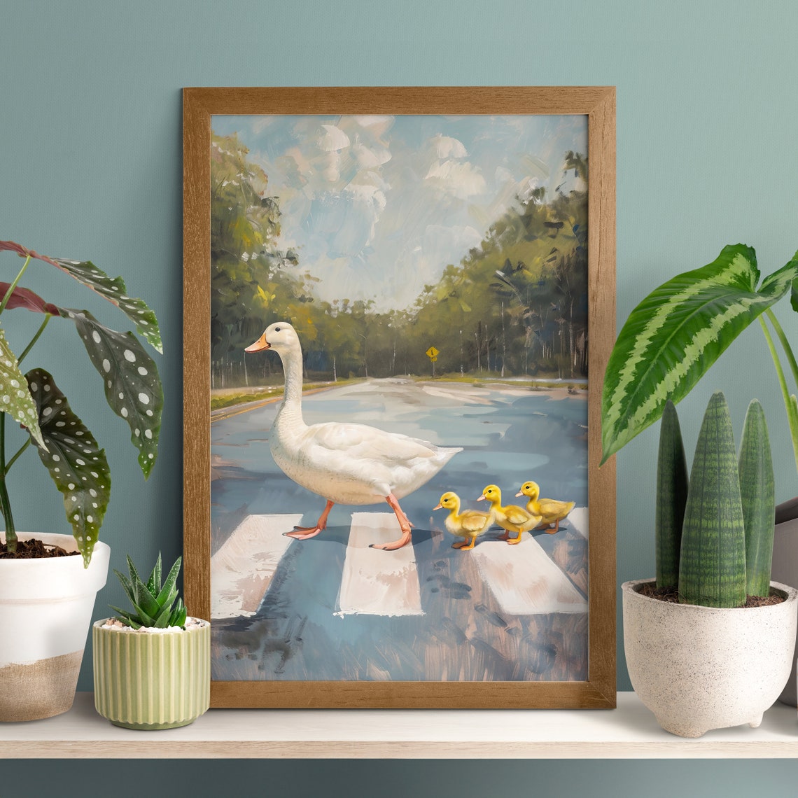 White Duck Leading Her Ducklings Across a Country Road Poster