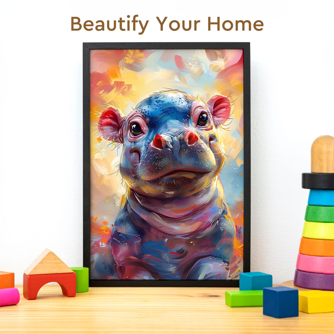Baby Hippopotamus in a Colorful Oil Painting Portrait Poster - Image 3
