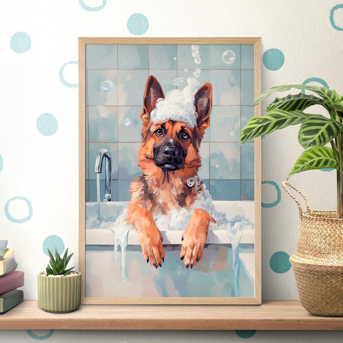 Funny German Shepherd Bubble Bath Bathroom Art Print