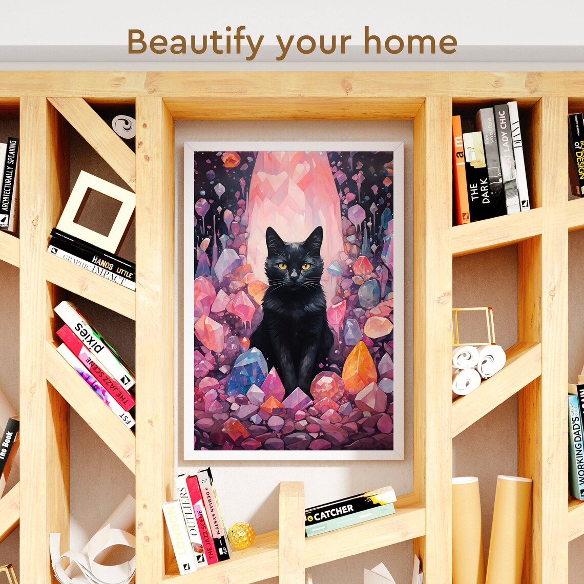 Black Cat and Gemstone Crystals, Watercolor Art Print - Image 3