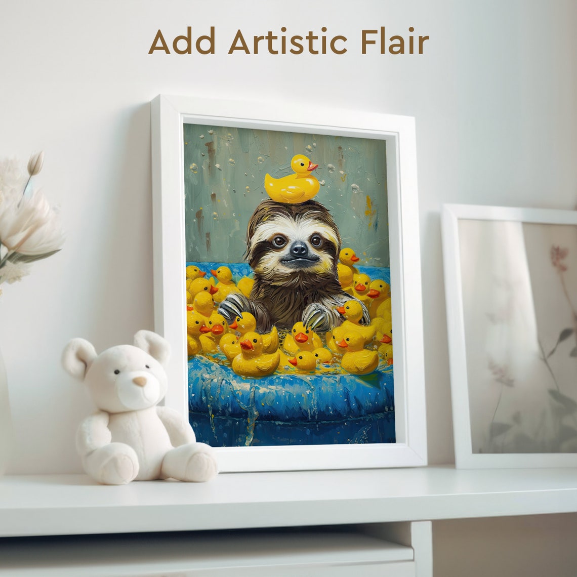 Sloth Relaxing in a Blue Pool Full of Yellow Rubber Ducks Poster - Image 2