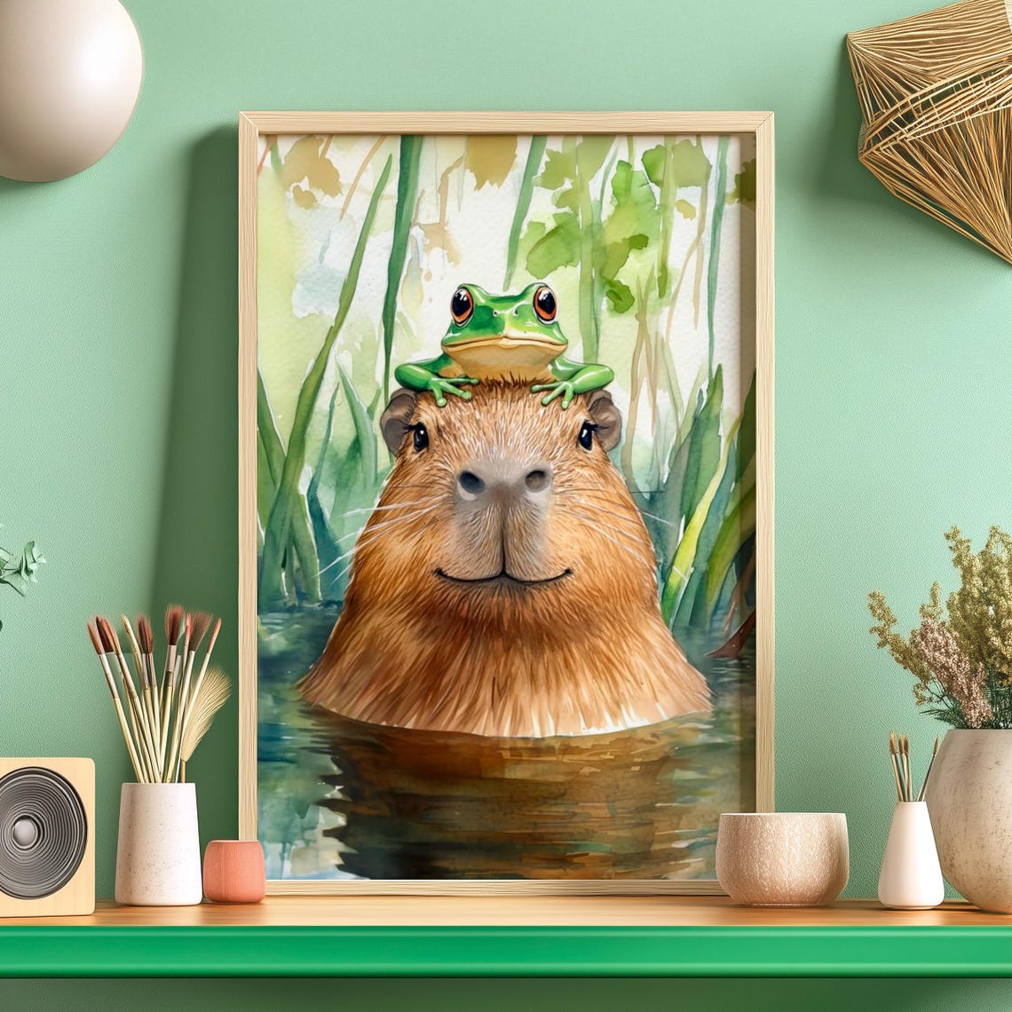 Happy Capybara Smiling With A Little Frog Resting On Its Head Poster