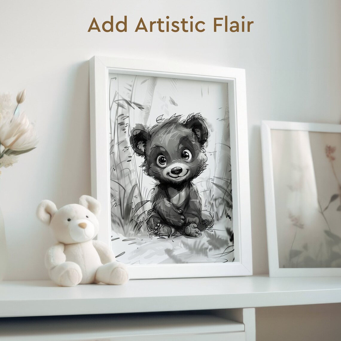 Baby Black Bear Cub Pencil Sketch Cute Nursery Wildlife Wall Art - Image 2
