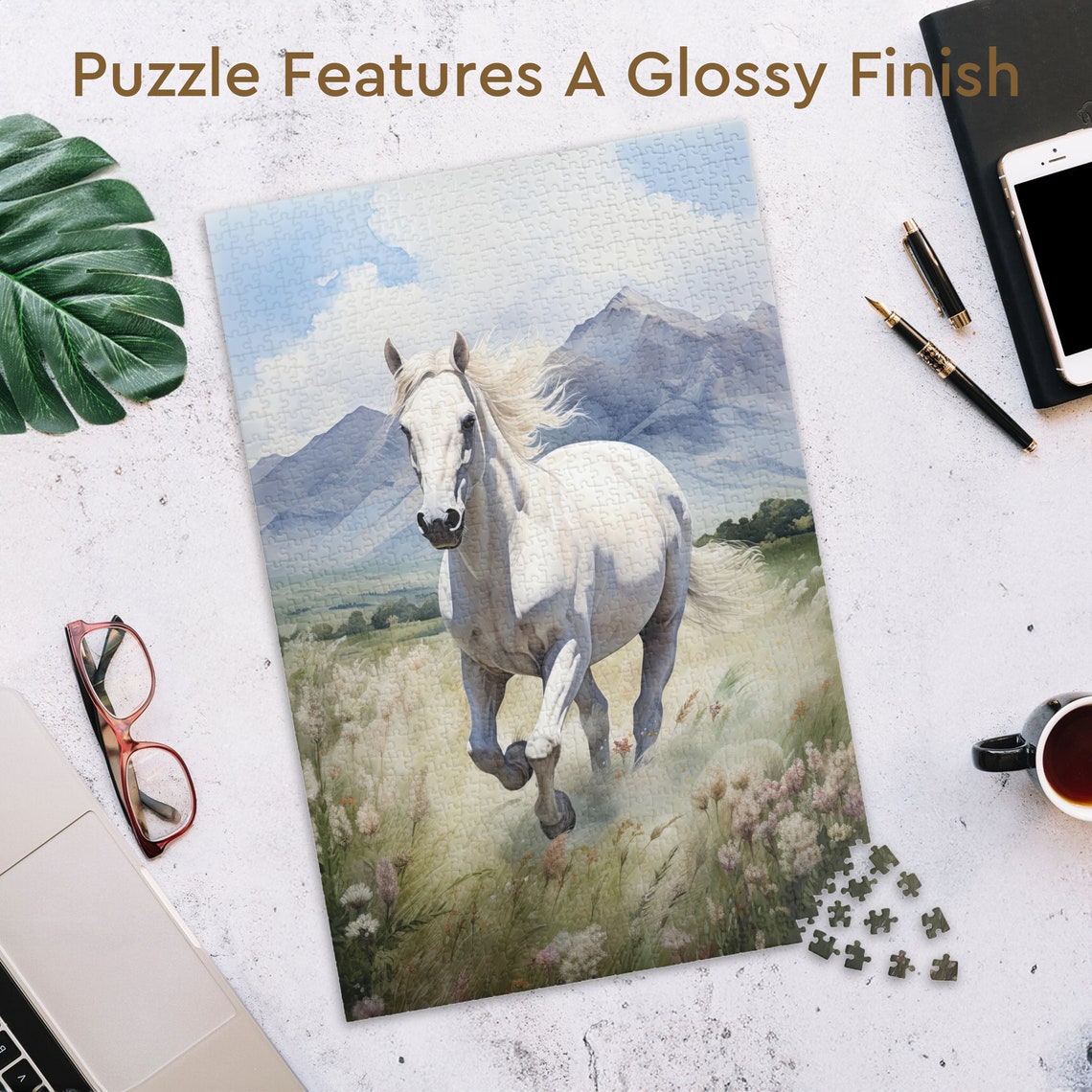 White Horse Galloping Through a Flowered Mountain Meadow Poster - Image 3